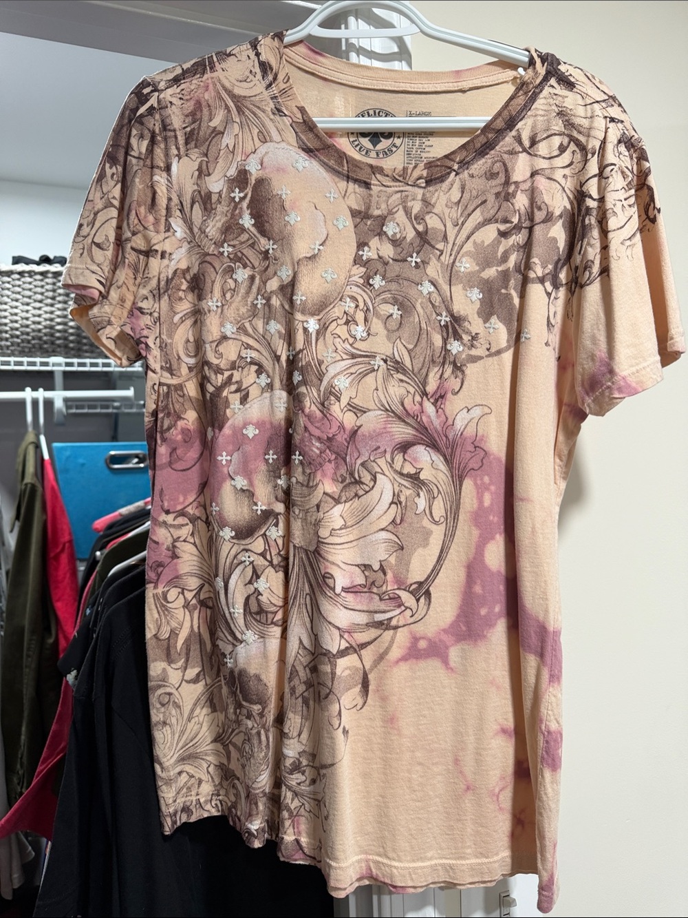 Affliction Beige Floral Scroll Short Sleeve Tee with Pink Accents